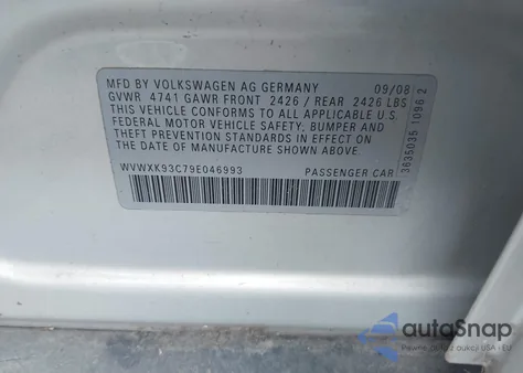 2009 Volkswagen Passat Komfort z USA, uszkodzony, nr VIN WVWXK93C79E046993